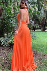 Sexy V-Neck Pleated Long Orange Prom Dress-27dress
